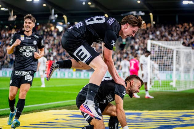 STURM GRAZ - HEARTS Jurgen Heil and Luca Weinhandl of Sturm celebrate a goal during the first leg of second qualifying round of UEFA Champions League football match between Sturm Graz and Heart of Midlothian FC at the Merkur Arena (Stadion Graz Liebenau). Graz, Austria, July 21, 2026. Photo by Branislav Racko Copyright: xx _BRR6445