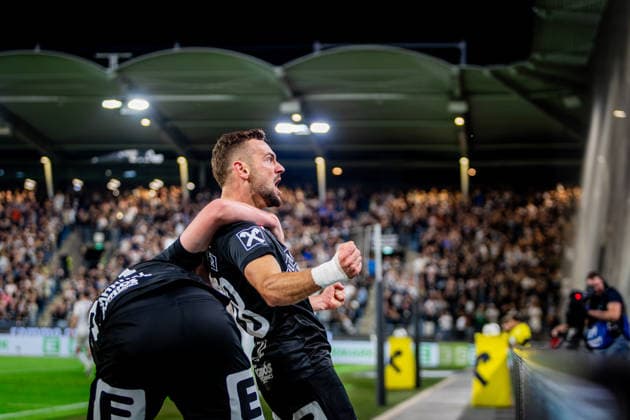 STURM GRAZ - HEARTS Jurgen Heil and Luca Weinhandl of Sturm celebrate a goal during the first leg of second qualifying round of UEFA Champions League football match between Sturm Graz and Heart of Midlothian FC at the Merkur Arena (Stadion Graz Liebenau). Graz, Austria, July 21, 2026. Photo by Branislav Racko Copyright: xx _BRR6452