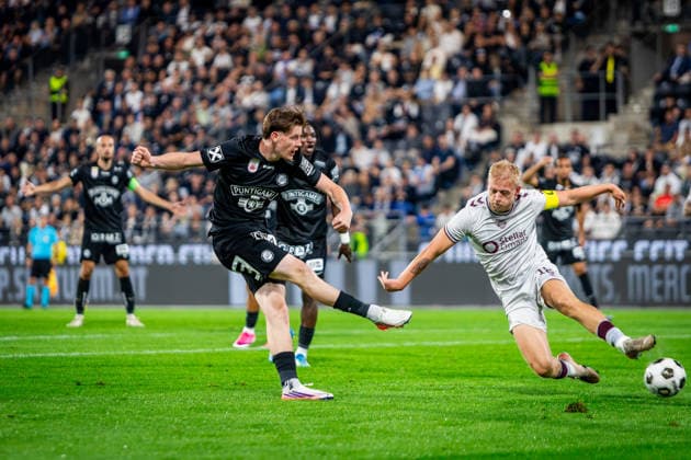 STURM GRAZ - HEARTS Luca Weinhandl of Sturm scores a goal during the first leg of second qualifying round of UEFA Champions League football match between Sturm Graz and Heart of Midlothian FC at the Merkur Arena (Stadion Graz Liebenau). Graz, Austria, July 21, 2026. Photo by Branislav Racko Copyright: xx _BRR6381