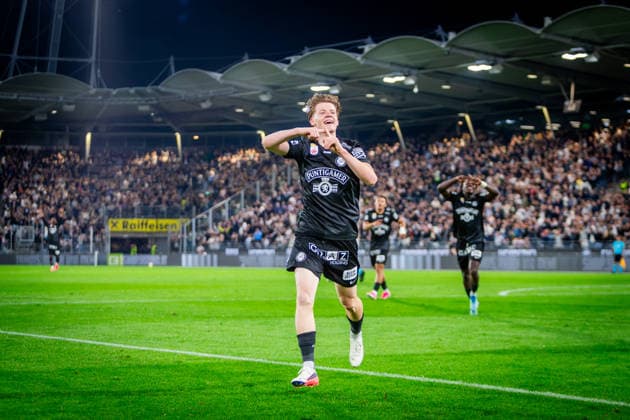 STURM GRAZ - HEARTS Luca Weinhandl of Sturm celebrates a goal a goal during the first leg of second qualifying round of UEFA Champions League football match between Sturm Graz and Heart of Midlothian FC at the Merkur Arena (Stadion Graz Liebenau). Graz, Austria, July 21, 2026. Photo by Branislav Racko Copyright: xx _BRR6402
