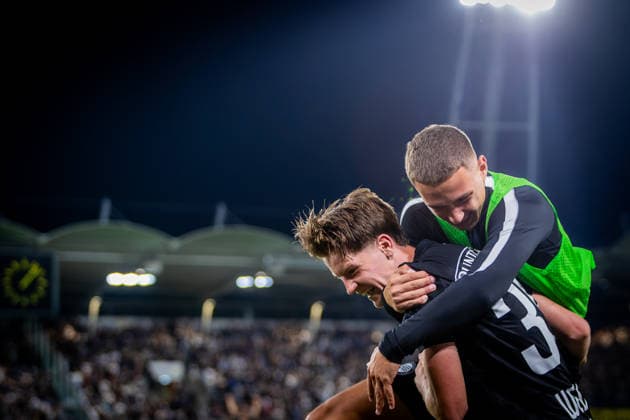 STURM GRAZ - HEARTS Luca Weinhandl of Sturm celebrates a goal a goal during the first leg of second qualifying round of UEFA Champions League football match between Sturm Graz and Heart of Midlothian FC at the Merkur Arena (Stadion Graz Liebenau). Graz, Austria, July 21, 2026. Photo by Branislav Racko Copyright: xx _BRR6410