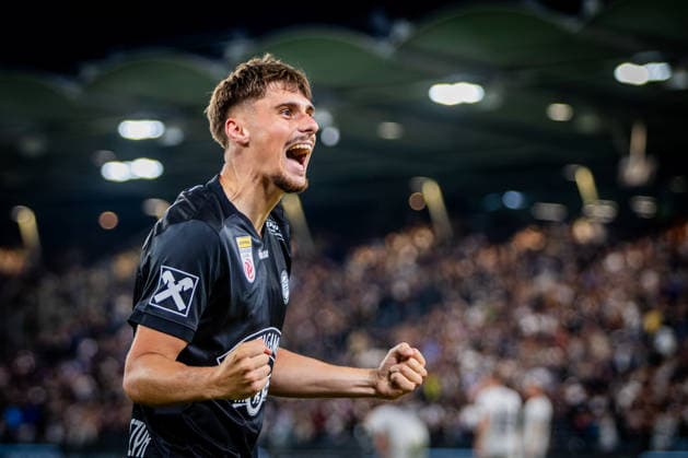 STURM GRAZ - HEARTS Szymon Wlodarczyk of Sturm celebrates a goal a goal during the first leg of second qualifying round of UEFA Champions League football match between Sturm Graz and Heart of Midlothian FC at the Merkur Arena (Stadion Graz Liebenau). Graz, Austria, July 21, 2026. Photo by Branislav Racko Copyright: xx _BRR6421