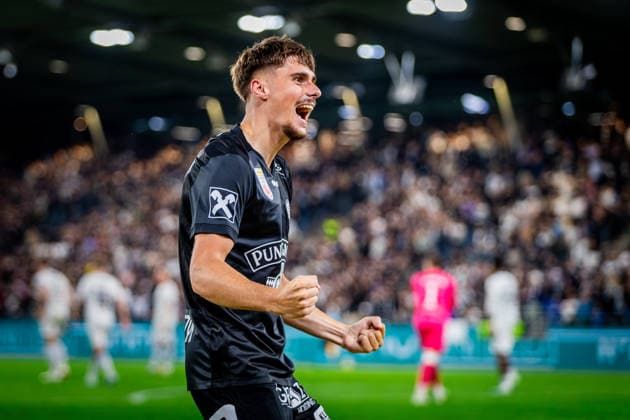 STURM GRAZ - HEARTS Szymon Wlodarczyk of Sturm celebrates a goal a goal during the first leg of second qualifying round of UEFA Champions League football match between Sturm Graz and Heart of Midlothian FC at the Merkur Arena (Stadion Graz Liebenau). Graz, Austria, July 21, 2026. Photo by Branislav Racko Copyright: xx _BRR6426
