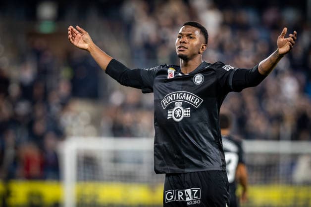 STURM GRAZ - HEARTS Jeyland Mitchell of Sturm celebrates a goal a goal during the first leg of second qualifying round of UEFA Champions League football match between Sturm Graz and Heart of Midlothian FC at the Merkur Arena (Stadion Graz Liebenau). Graz, Austria, July 21, 2026. Photo by Branislav Racko Copyright: xx 080A2009
