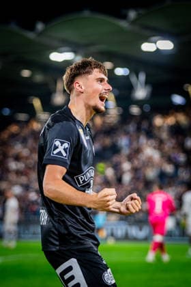 STURM GRAZ - HEARTS Szymon Wlodarczyk of Sturm celebrates a goal a goal during the first leg of second qualifying round of UEFA Champions League football match between Sturm Graz and Heart of Midlothian FC at the Merkur Arena (Stadion Graz Liebenau). Graz, Austria, July 21, 2026. Photo by Branislav Racko Copyright: xx _BRR6427