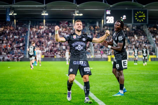 STURM GRAZ - HEARTS Jurgen Heil of Sturm celebrates a goal during the first leg of second qualifying round of UEFA Champions League football match between Sturm Graz and Heart of Midlothian FC at the Merkur Arena (Stadion Graz Liebenau). Graz, Austria, July 21, 2026. Photo by Branislav Racko Copyright: xx _BRR6528