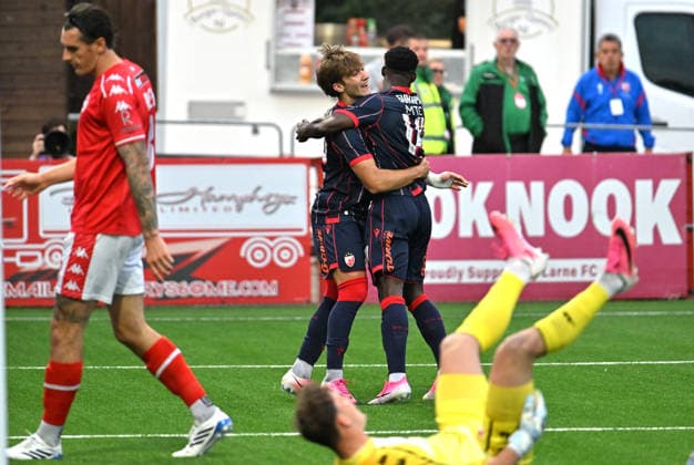 UEFA Champions League Second Qualifying Round First Leg, Inver Park, Belfast, Northern Ireland 21 7 2026 Larne vs Crvena Zvezda Crvena Zvezda™s Vasilije Kostov celebrates scoring Vasilije Kostov celebrates scoring 21 7 2026  Copyright: xx Larne v Crvena Zvezda-031