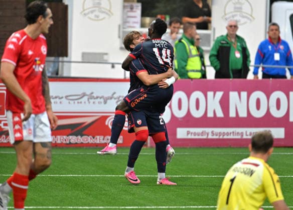 UEFA Champions League Second Qualifying Round First Leg, Inver Park, Belfast, Northern Ireland 21 7 2026 Larne vs Crvena Zvezda Crvena Zvezda™s Vasilije Kostov celebrates scoring Vasilije Kostov celebrates scoring 21 7 2026  Copyright: xx Larne v Crvena Zvezda-033