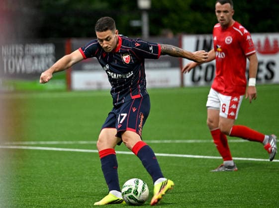 UEFA Champions League Second Qualifying Round First Leg, Inver Park, Belfast, Northern Ireland 21 7 2026 Larne vs Crvena Zvezda Crvena Zvezda™s Bruno Duarte scores a gaol Bruno Duarte scores a gaol 21 7 2026  Copyright: xx Larne v Crvena Zvezda-035