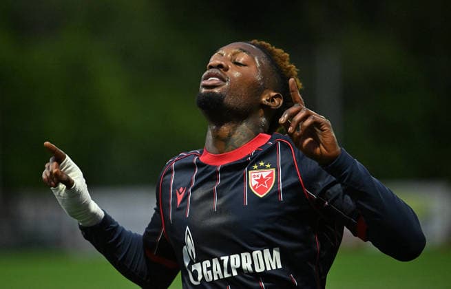 UEFA Champions League Second Qualifying Round First Leg, Inver Park, Belfast, Northern Ireland 21 7 2026 Larne vs Crvena Zvezda Crvena Zvezda™s Muhammad Cham celebrates scoring Muhammad Cham celebrates scoring 21 7 2026  Copyright: xx Larne v Crvena Zvezda-051