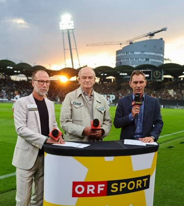 SOCCER - UEFA CL, Sturm vs Hearts GRAZ,AUSTRIA,21.JUL.26 - SOCCER - UEFA Champions League, qualification, SK Sturm Graz vs Heart of Midlothian FC. Image shows interview from Christian Diendorfer with Roman Maehlich and Herbert Prohaska (ORF).  GEPAxpictures xWolfgangxGrebien