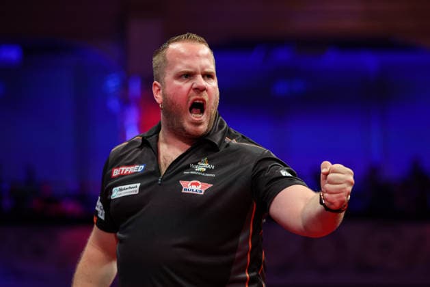 RECORD DATE NOT STATED 21st July 2026, Winter Gardens, Blackpool, Lancashire, England; 2026 Betfred World Matchplay Darts, Day Four; Michael van Gerwen reacts during his game against Michael van Gerwen AidanxHunter