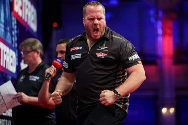 RECORD DATE NOT STATED 21st July 2026, Winter Gardens, Blackpool, Lancashire, England; 2026 Betfred World Matchplay Darts, Day Four; Dirk van Duijvenbode reacts during his game against Michael van Gerwen AidanxHunter
