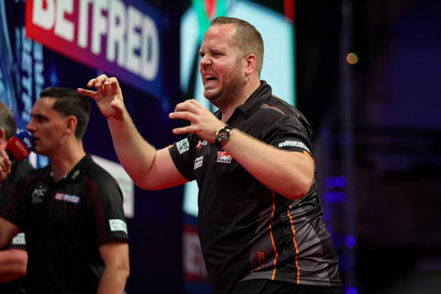 RECORD DATE NOT STATED 21st July 2026, Winter Gardens, Blackpool, Lancashire, England; 2026 Betfred World Matchplay Darts, Day Four; Dirk van Duijvenbode reacts during his game against Michael van Gerwen AidanxHunter