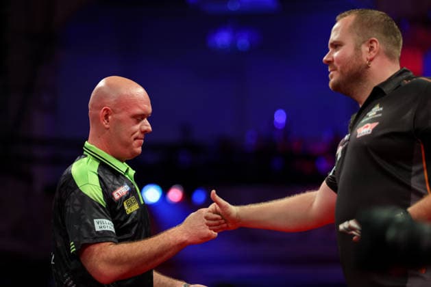 RECORD DATE NOT STATED 21st July 2026, Winter Gardens, Blackpool, Lancashire, England; 2026 Betfred World Matchplay Darts, Day Four; Dirk van Duijvenbode and Michael van Gerwen fist bumping AidanxHunter