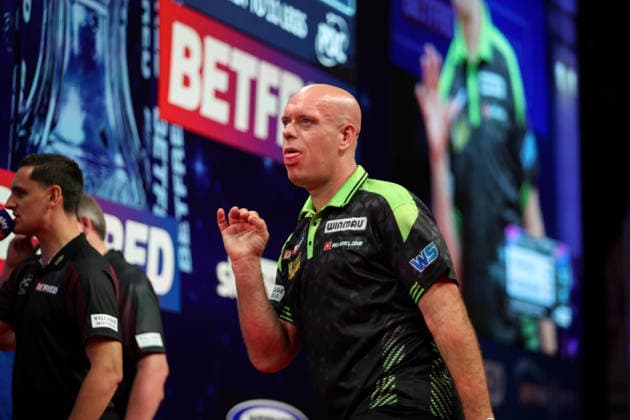RECORD DATE NOT STATED 21st July 2026, Winter Gardens, Blackpool, Lancashire, England; 2026 Betfred World Matchplay Darts, Day Four; Michael van Gerwen reacts during his game against Dirk van Duijvenbode AidanxHunter