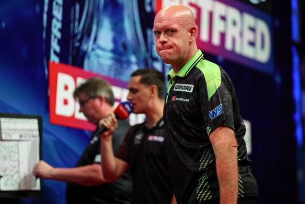 RECORD DATE NOT STATED 21st July 2026, Winter Gardens, Blackpool, Lancashire, England; 2026 Betfred World Matchplay Darts, Day Four; Michael van Gerwen reacts during his game against Dirk van Duijvenbode AidanxHunter