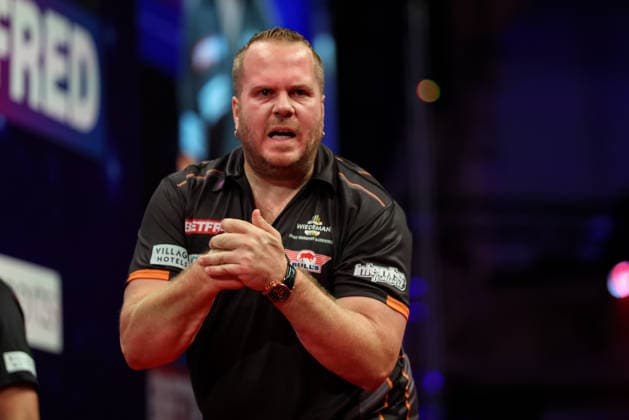 RECORD DATE NOT STATED 21st July 2026, Winter Gardens, Blackpool, Lancashire, England; 2026 Betfred World Matchplay Darts, Day Four; Dirk van Duijvenbode reacts during his game against Michael van Gerwen AidanxHunter
