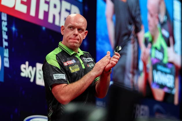 RECORD DATE NOT STATED 21st July 2026, Winter Gardens, Blackpool, Lancashire, England; 2026 Betfred World Matchplay Darts, Day Four; Michael van Gerwen claps the fans after losing to Dirk van Duijvenbode AidanxHunter