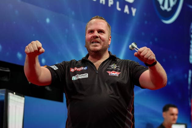 RECORD DATE NOT STATED 21st July 2026, Winter Gardens, Blackpool, Lancashire, England; 2026 Betfred World Matchplay Darts, Day Four; Dirk van Duijvenbode celebrates after winning his game against Michael van Gerwen AidanxHunter