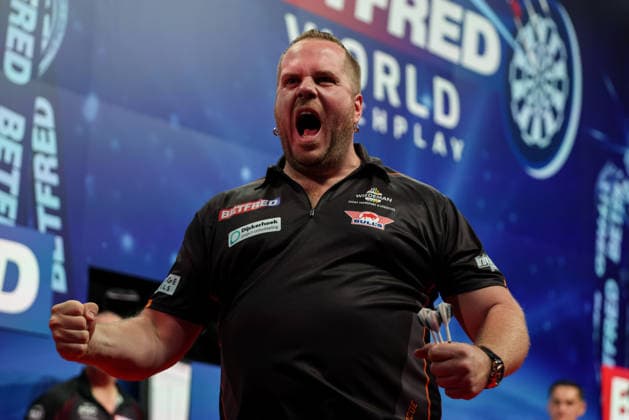 RECORD DATE NOT STATED 21st July 2026, Winter Gardens, Blackpool, Lancashire, England; 2026 Betfred World Matchplay Darts, Day Four; Dirk van Duijvenbode celebrates after winning his game against Michael van Gerwen AidanxHunter