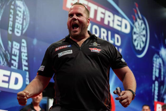 RECORD DATE NOT STATED 21st July 2026, Winter Gardens, Blackpool, Lancashire, England; 2026 Betfred World Matchplay Darts, Day Four; Dirk van Duijvenbode celebrates after winning his game against Michael van Gerwen AidanxHunter