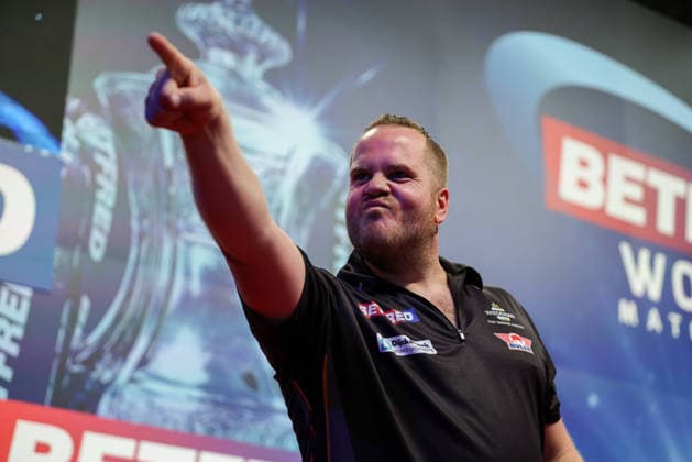 RECORD DATE NOT STATED 21st July 2026, Winter Gardens, Blackpool, Lancashire, England; 2026 Betfred World Matchplay Darts, Day Four; Dirk van Duijvenbode celebrates after winning his game against Michael van Gerwen AidanxHunter