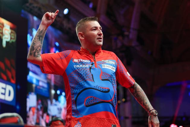 RECORD DATE NOT STATED 21st July 2026, Winter Gardens, Blackpool, Lancashire, England; 2026 Betfred World Matchplay Darts, Day Four; Nathan Aspinall during his walk on AidanxHunter
