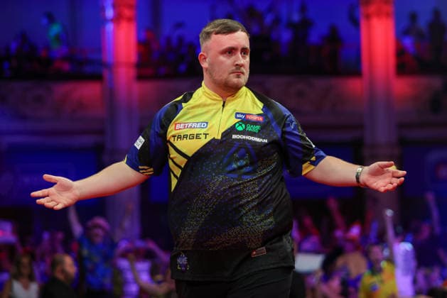 RECORD DATE NOT STATED 21st July 2026, Winter Gardens, Blackpool, Lancashire, England; 2026 Betfred World Matchplay Darts, Day Four; Luke Littler celebrates after hitting a 9 darter in the opening leg in his match against Nathan Aspinall AidanxHunter