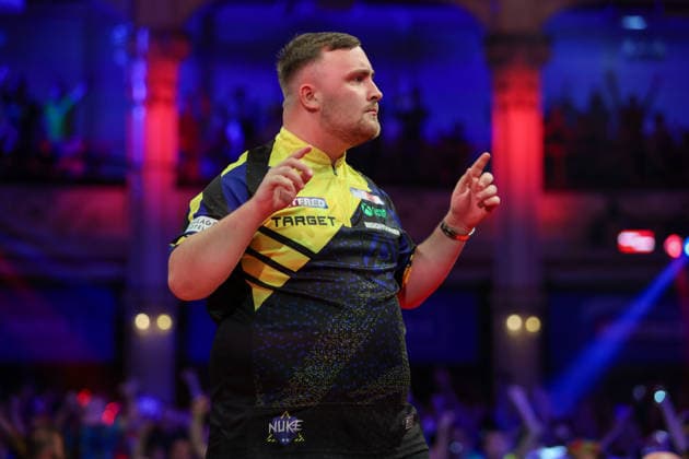 RECORD DATE NOT STATED 21st July 2026, Winter Gardens, Blackpool, Lancashire, England; 2026 Betfred World Matchplay Darts, Day Four; Luke Littler celebrates after hitting a 9 darter in the opening leg in his match against Nathan Aspinall AidanxHunter