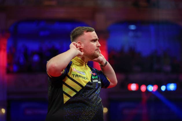RECORD DATE NOT STATED 21st July 2026, Winter Gardens, Blackpool, Lancashire, England; 2026 Betfred World Matchplay Darts, Day Four; Luke Littler celebrates after hitting a 9 darter in the opening leg in his match against Nathan Aspinall AidanxHunter