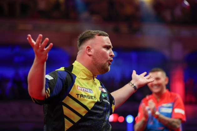 RECORD DATE NOT STATED 21st July 2026, Winter Gardens, Blackpool, Lancashire, England; 2026 Betfred World Matchplay Darts, Day Four; Luke Littler celebrates after hitting a 9 darter in the opening leg in his match against Nathan Aspinall AidanxHunter