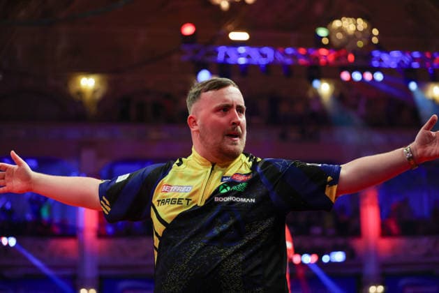 RECORD DATE NOT STATED 21st July 2026, Winter Gardens, Blackpool, Lancashire, England; 2026 Betfred World Matchplay Darts, Day Four; Luke Littler celebrates after hitting a 9 darter in the opening leg in his match against Nathan Aspinall AidanxHunter