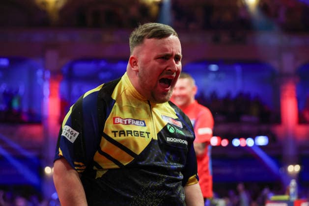 RECORD DATE NOT STATED 21st July 2026, Winter Gardens, Blackpool, Lancashire, England; 2026 Betfred World Matchplay Darts, Day Four; Luke Littler celebrates after hitting a 9 darter in the opening leg in his match against Nathan Aspinall AidanxHunter