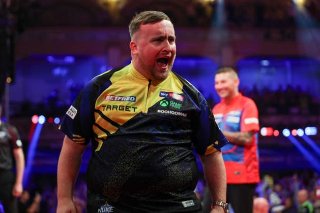 RECORD DATE NOT STATED 21st July 2026, Winter Gardens, Blackpool, Lancashire, England; 2026 Betfred World Matchplay Darts, Day Four; Luke Littler celebrates after hitting a 9 darter in the opening leg in his match against Nathan Aspinall AidanxHunter
