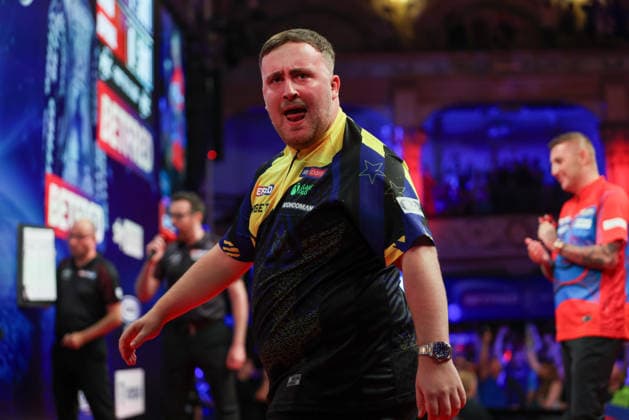RECORD DATE NOT STATED 21st July 2026, Winter Gardens, Blackpool, Lancashire, England; 2026 Betfred World Matchplay Darts, Day Four; Luke Littler celebrates after hitting a 9 darter in the opening leg in his match against Nathan Aspinall AidanxHunter