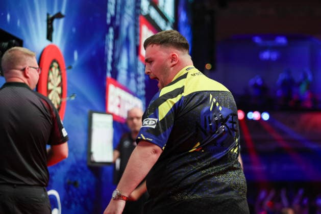 RECORD DATE NOT STATED 21st July 2026, Winter Gardens, Blackpool, Lancashire, England; 2026 Betfred World Matchplay Darts, Day Four; Luke Littler celebrates after hitting a 9 darter in the opening leg in his match against Nathan Aspinall AidanxHunter