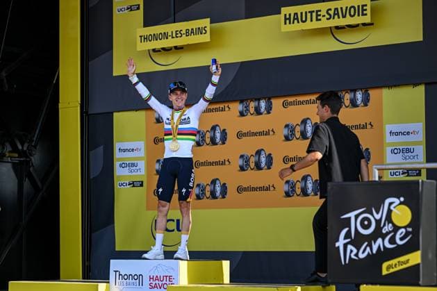 Belgian Remco Evenepoel of Red Bull-BORA-hansgrohe celebrates on the podium after winning the stage 16 of the 2026 Tour de France cycling race, an individual Time Trial stage of 26km from Evian-les-Bains to Thonon-les-Bains, on Tuesday 21 July 2026. The 113th edition of the Tour de France starts on Saturday 4 July in Barcelona, Spain, and will finish in Paris, France on the 26th of July. DAVIDxPINTENS  x181700062x