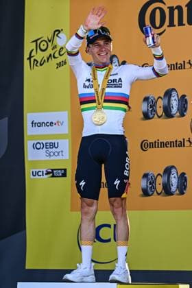 Belgian Remco Evenepoel of Red Bull-BORA-hansgrohe celebrates on the podium after winning the stage 16 of the 2026 Tour de France cycling race, an individual Time Trial stage of 26km from Evian-les-Bains to Thonon-les-Bains, on Tuesday 21 July 2026. The 113th edition of the Tour de France starts on Saturday 4 July in Barcelona, Spain, and will finish in Paris, France on the 26th of July. DAVIDxPINTENS  x181700071x