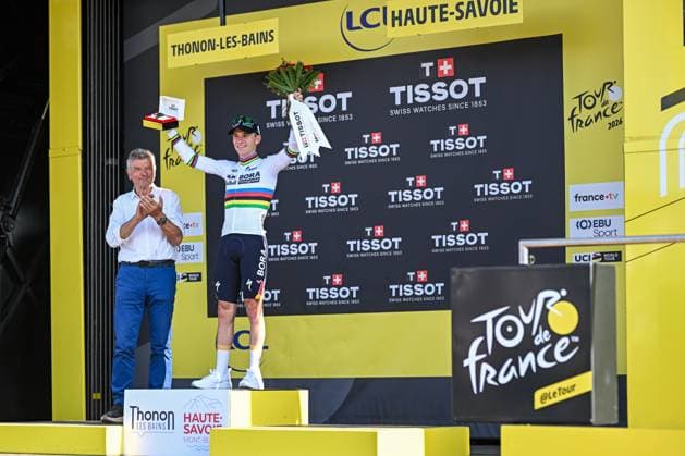 Belgian Remco Evenepoel of Red Bull-BORA-hansgrohe celebrates on the podium after winning the stage 16 of the 2026 Tour de France cycling race, an individual Time Trial stage of 26km from Evian-les-Bains to Thonon-les-Bains, on Tuesday 21 July 2026. The 113th edition of the Tour de France starts on Saturday 4 July in Barcelona, Spain, and will finish in Paris, France on the 26th of July. DAVIDxPINTENS  x181700100x
