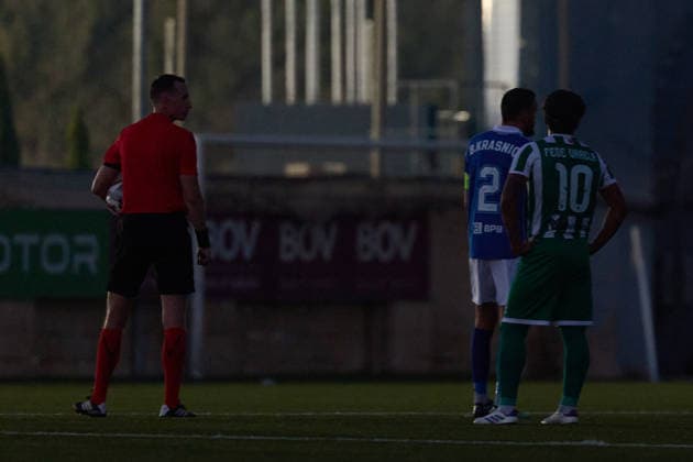 UEFA appointed match referee Marius Hansen Grotta (left) looks on amid a power outage during the UEFA Conference League Second qualifying round, 1st Leg match between Floriana and Drita at Centenary Stadium, Ta Qali, Malta on 21 July, 2026. Floriana v Drita - UEFA Conference League Second Qualifying Round 1st Leg
