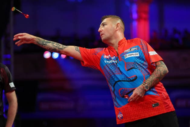 RECORD DATE NOT STATED 21st July 2026, Winter Gardens, Blackpool, Lancashire, England; 2026 Betfred World Matchplay Darts, Day Four; Nathan Aspinall in action at the oche during his game against Luke Littler AidanxHunter