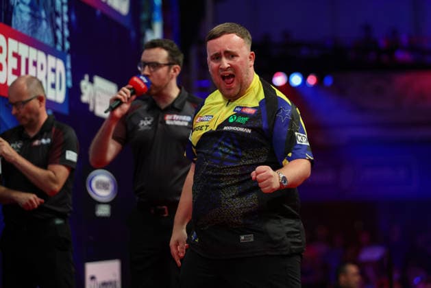 RECORD DATE NOT STATED 21st July 2026, Winter Gardens, Blackpool, Lancashire, England; 2026 Betfred World Matchplay Darts, Day Four; Luke Littler reacts during his game against Nathan Aspinall AidanxHunter