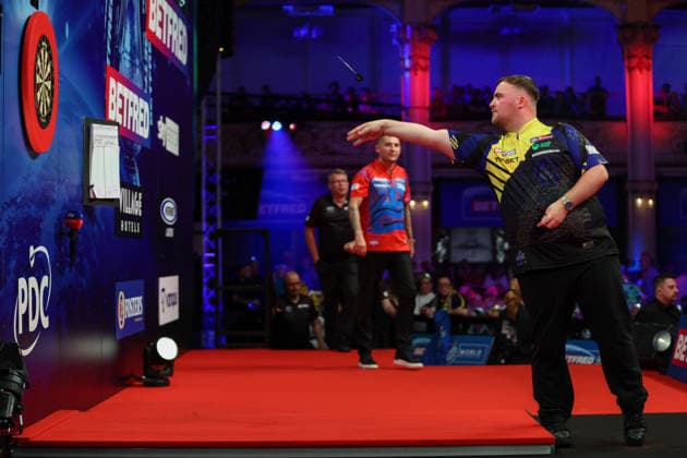 RECORD DATE NOT STATED 21st July 2026, Winter Gardens, Blackpool, Lancashire, England; 2026 Betfred World Matchplay Darts, Day Four; Luke Littler in action at the oche during the break interval AidanxHunter