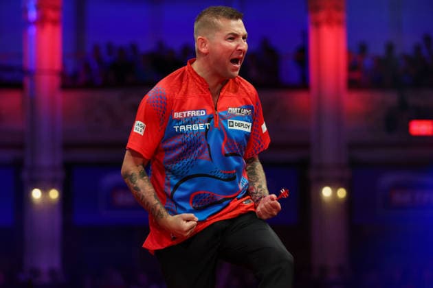 RECORD DATE NOT STATED 21st July 2026, Winter Gardens, Blackpool, Lancashire, England; 2026 Betfred World Matchplay Darts, Day Four; Nathan Aspinall reacts during his game against Luke Littler AidanxHunter