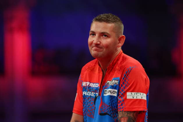 RECORD DATE NOT STATED 21st July 2026, Winter Gardens, Blackpool, Lancashire, England; 2026 Betfred World Matchplay Darts, Day Four; Nathan Aspinall reacts as Luke Littler wins a leg AidanxHunter