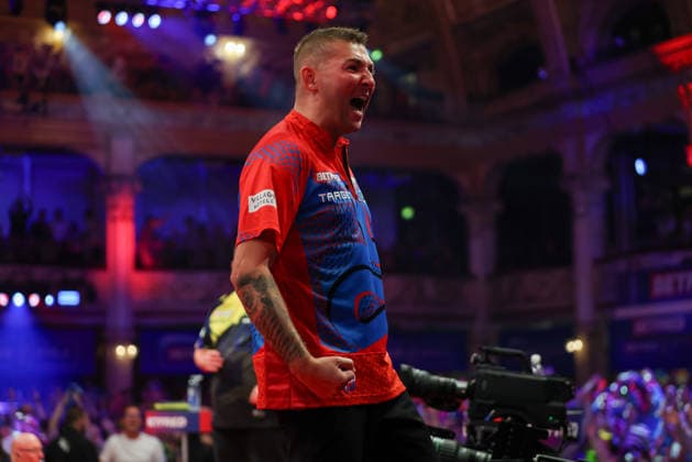 RECORD DATE NOT STATED 21st July 2026, Winter Gardens, Blackpool, Lancashire, England; 2026 Betfred World Matchplay Darts, Day Four; Nathan Aspinall reacts during his game against Luke Littler AidanxHunter