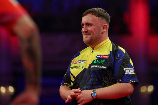 RECORD DATE NOT STATED 21st July 2026, Winter Gardens, Blackpool, Lancashire, England; 2026 Betfred World Matchplay Darts, Day Four; Luke Littler smiles after Nathan Aspinall took out 170 in their game AidanxHunter