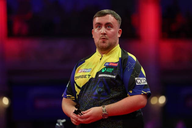 RECORD DATE NOT STATED 21st July 2026, Winter Gardens, Blackpool, Lancashire, England; 2026 Betfred World Matchplay Darts, Day Four; Luke Littler reacts surprised after Nathan Aspinall took out 170 in their game AidanxHunter