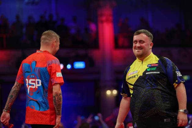 RECORD DATE NOT STATED 21st July 2026, Winter Gardens, Blackpool, Lancashire, England; 2026 Betfred World Matchplay Darts, Day Four; Luke Littler reacts after Nathan Aspinall took out 170 in their game AidanxHunter